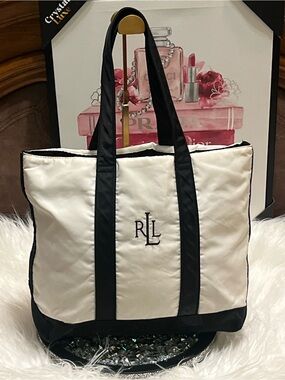 Lauren Ralph Lauren Ivory and Black Vertical-Stripe Tote